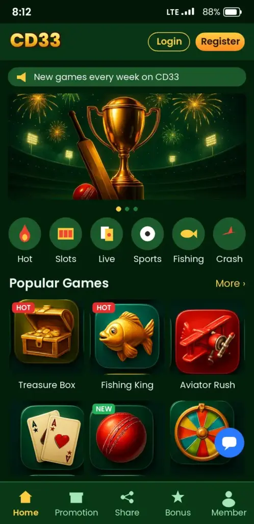 CD33 – game lobby with slots, live tables and sports
